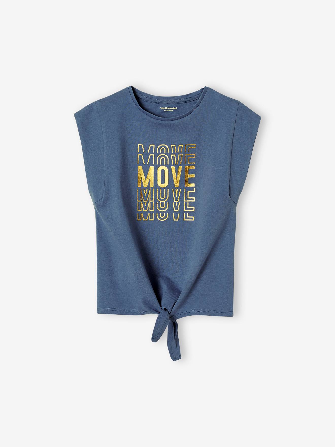 Camiseta esportiva azul feminina com estampa de glitter e barra com nó.