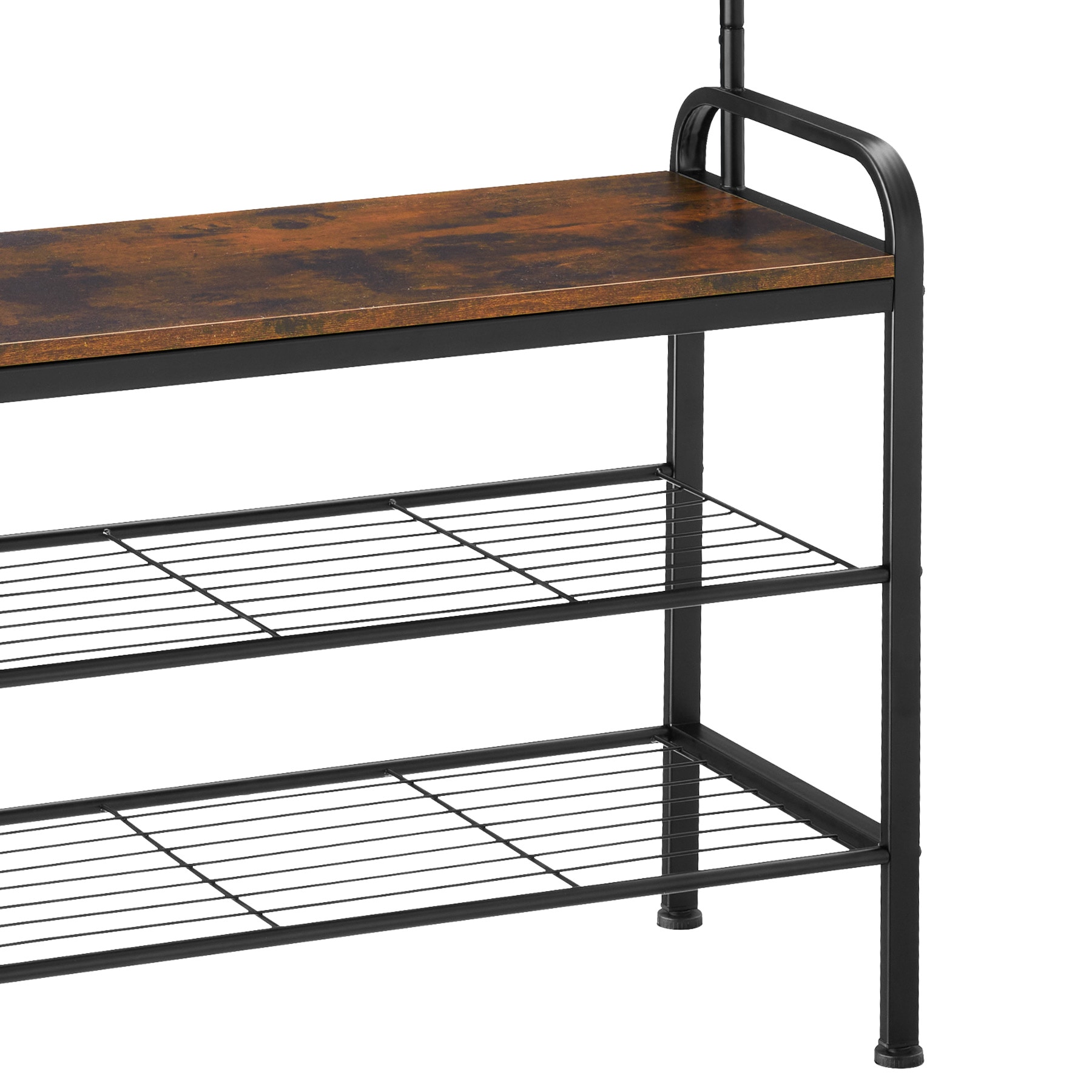 tectake® Garderobenständer, Industrial Style, mit Sitzfläche, 2 Gitterablagen und 9 abnehmbaren Haken, inklusive Kippschutz, 73,5 x 36 x 184 cm