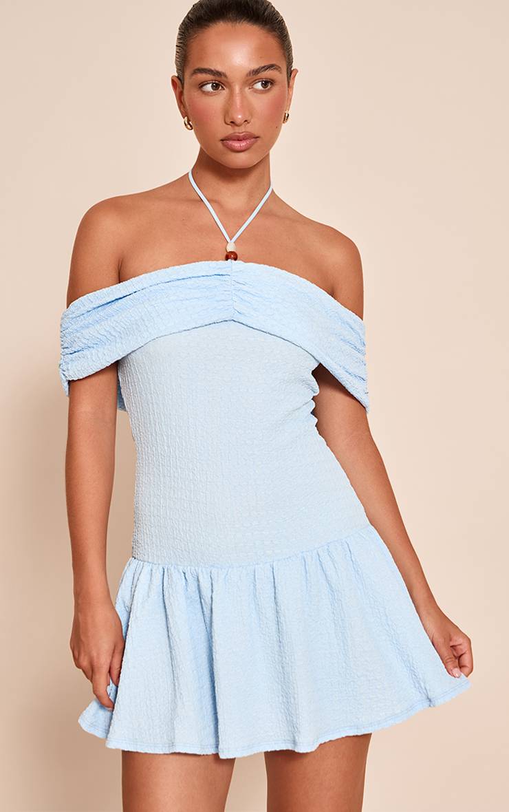 Bleu Clair Robe Droite À Encolure Américaine Avec Détails De Perles Texturées