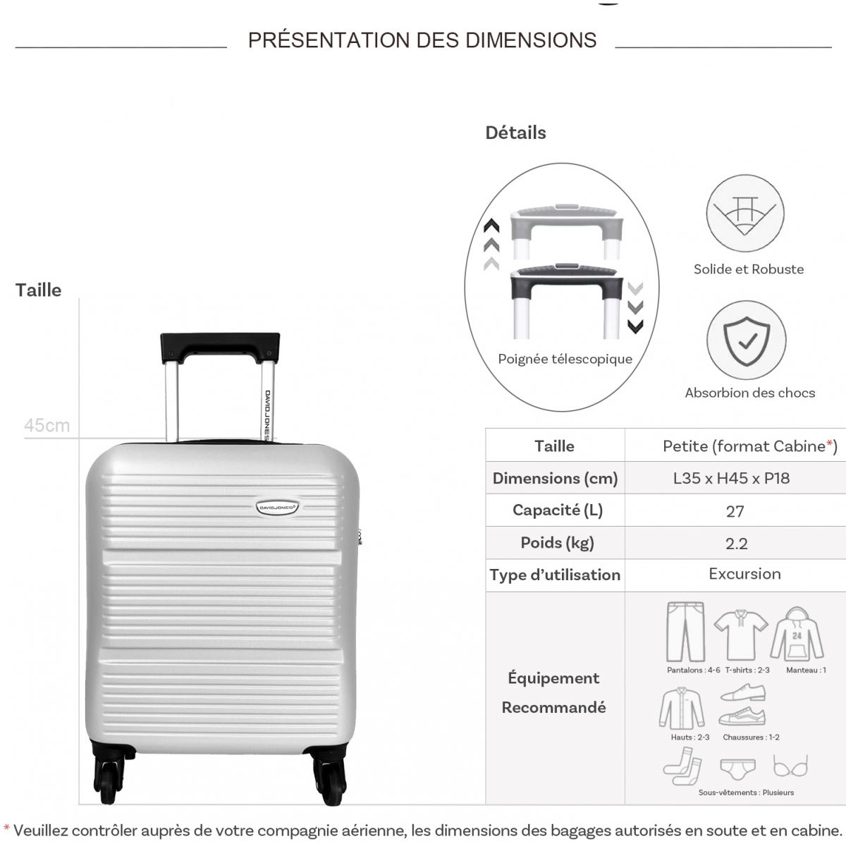 David Jones Valise cabine XS underseat rigide David Jones ABS 45cm