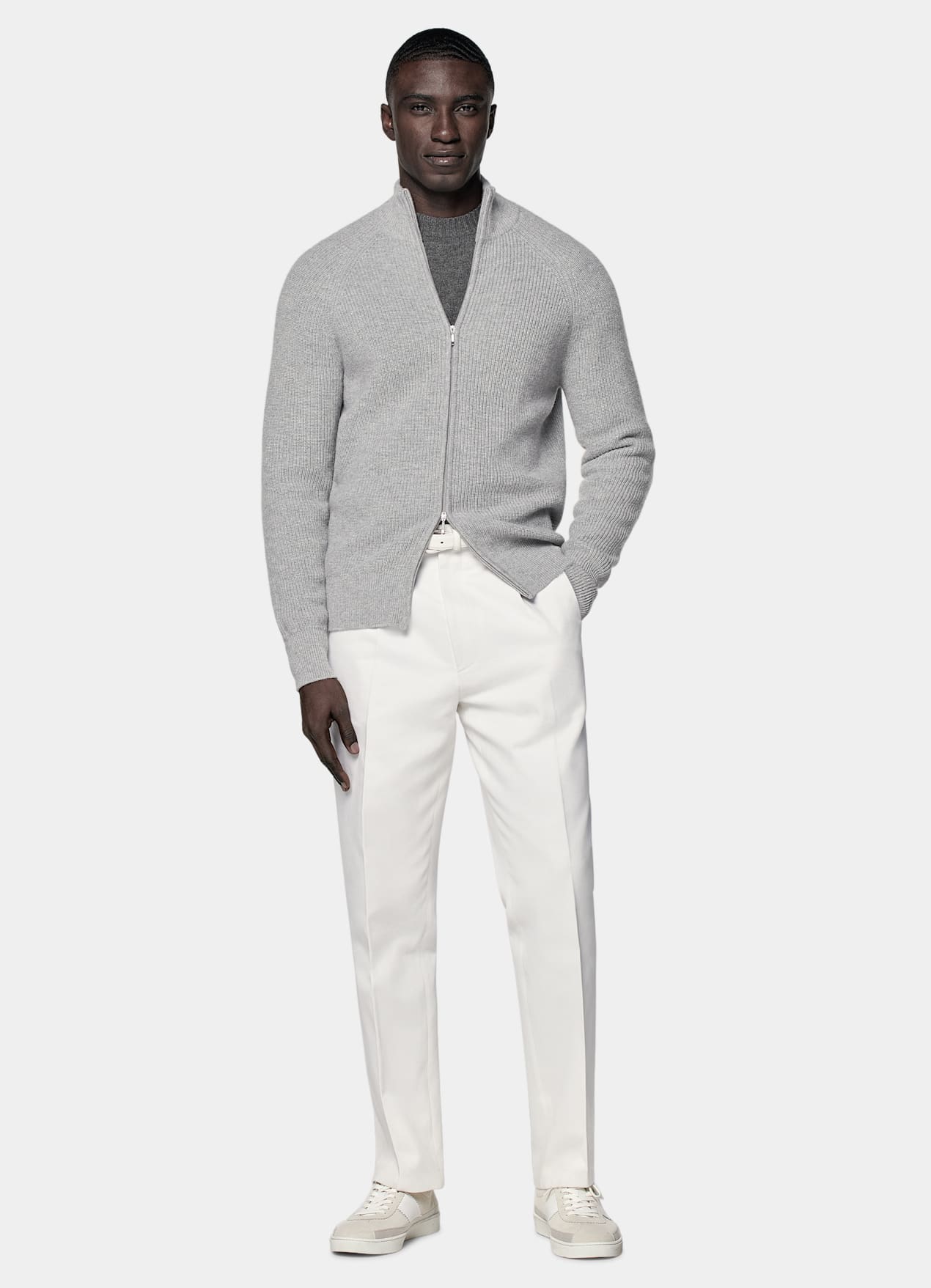 Cardigan zippé côtelé gris clair
