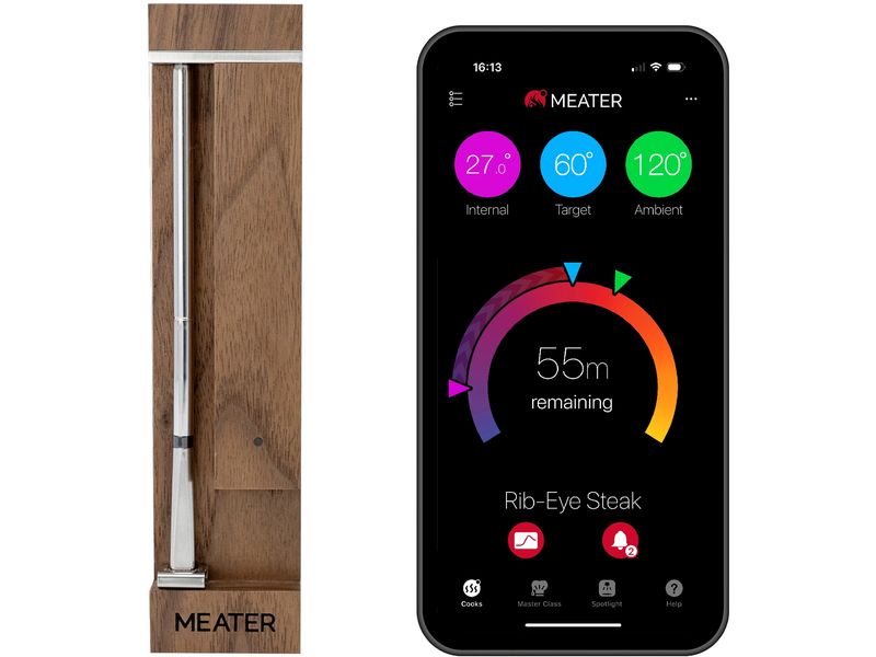 Meater Fleischthermometer ApptionLabs Meater Pro Dunkelbrau Kabelloses und smartes Fleisch-Thermometer für Ofen, Grill, Küche, BBQ Smoker mit Bluetooth 5.2 Coded PHY Long Range Connectivity