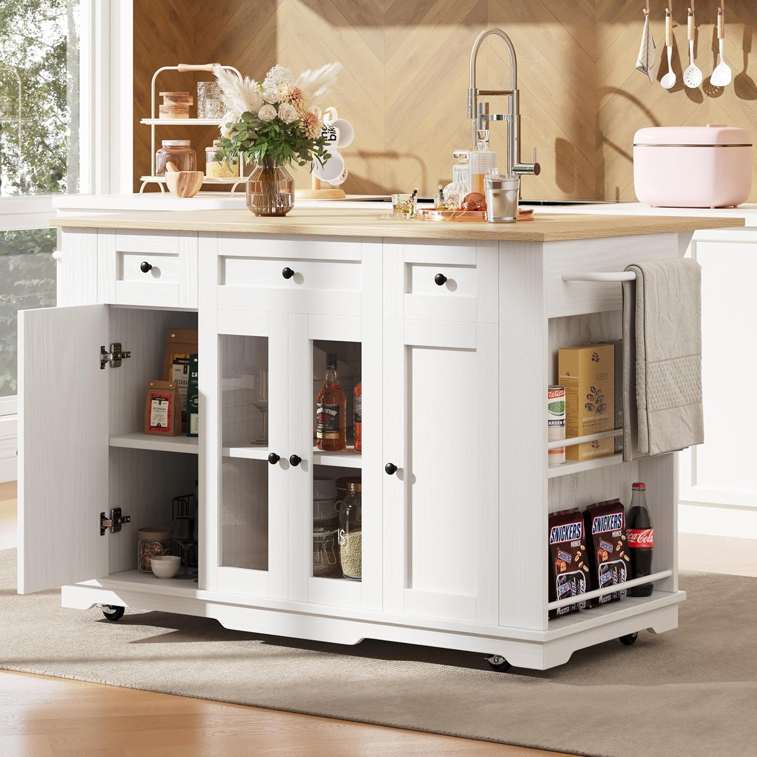 Küchenwagen, Kücheninsel Küchenschrank, Buffetschrank, Speisewagen mit Arbeitsplatte klappbar, Esswagen Anrichte mit Rollen, Schubladen und Glas Türen für Küche, 151.5x85x91.7 cm (Weiß)