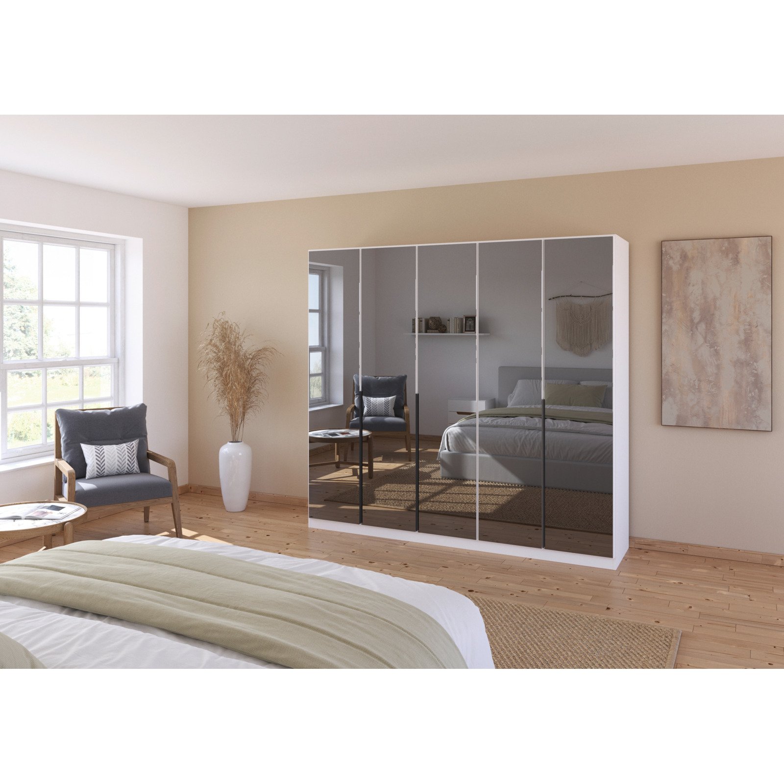 Drehtürenschrank Skyla, 226 x 210 x 54 cm, mit Spiegelfront weiss