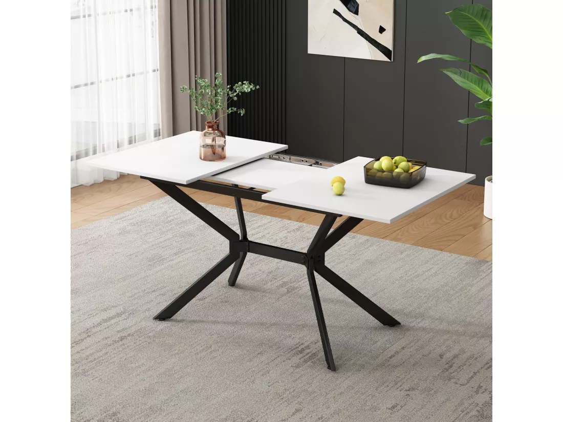 Tableau à manger extensible blanc 120/160cm, 4 à 6 personnes, en MDF et Métal, table rectangulaire