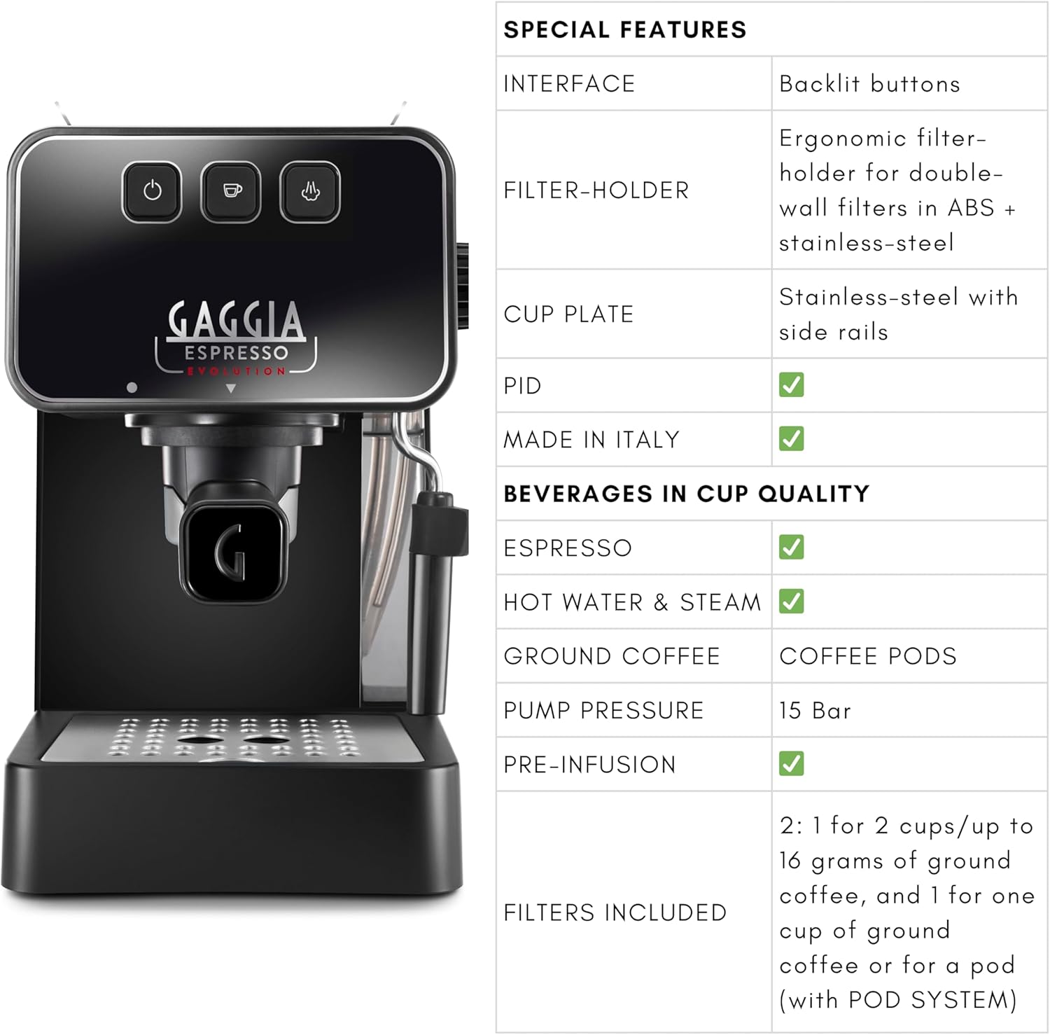 Gaggia Espresso Evolution Black | PID Kesseltemperaturregler | Kaffeemaschine Made in Italy | Automatische Vorbrühautomatik | Siebträger 53 mm | Espressomaschine mit Pumpe | Amerikanisch