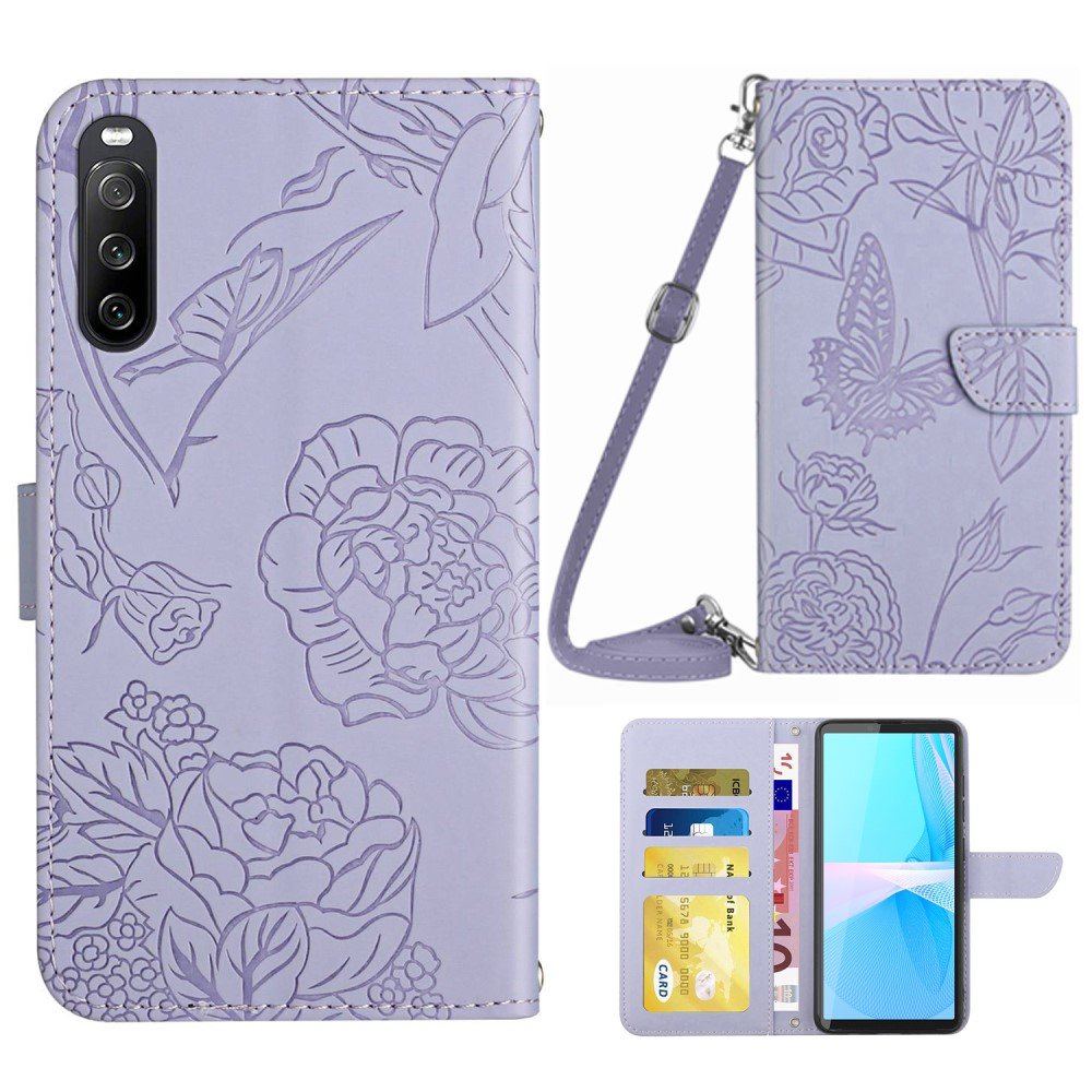 Sony Xperia 10 IV Necklace Leder Tasche Flip Cover Pfingstrosen Imprint - Lila