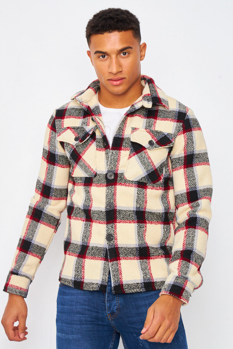 Surchemise beige à carreaux noir et rouge