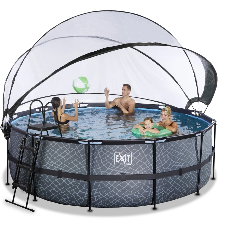 EXIT Frame Pool ø427x122cm (12v Sandfilter) – Grau + Sonnendach + Wärmepumpe
