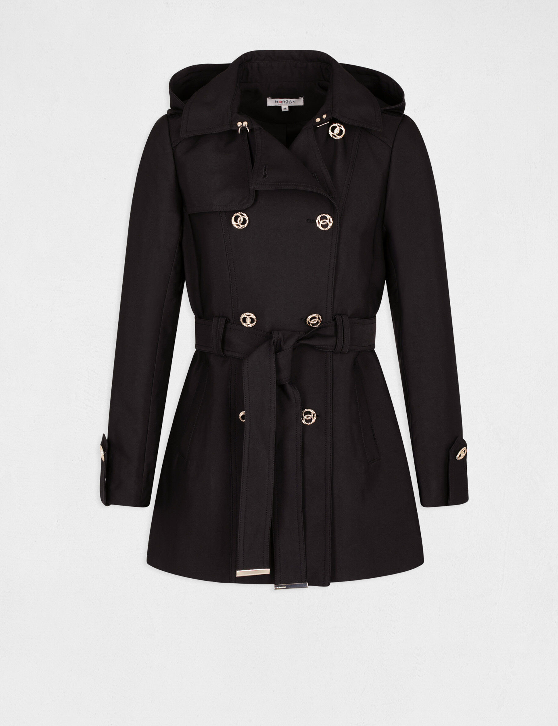 Trench droit ceinturé à capuche noir femme - noir