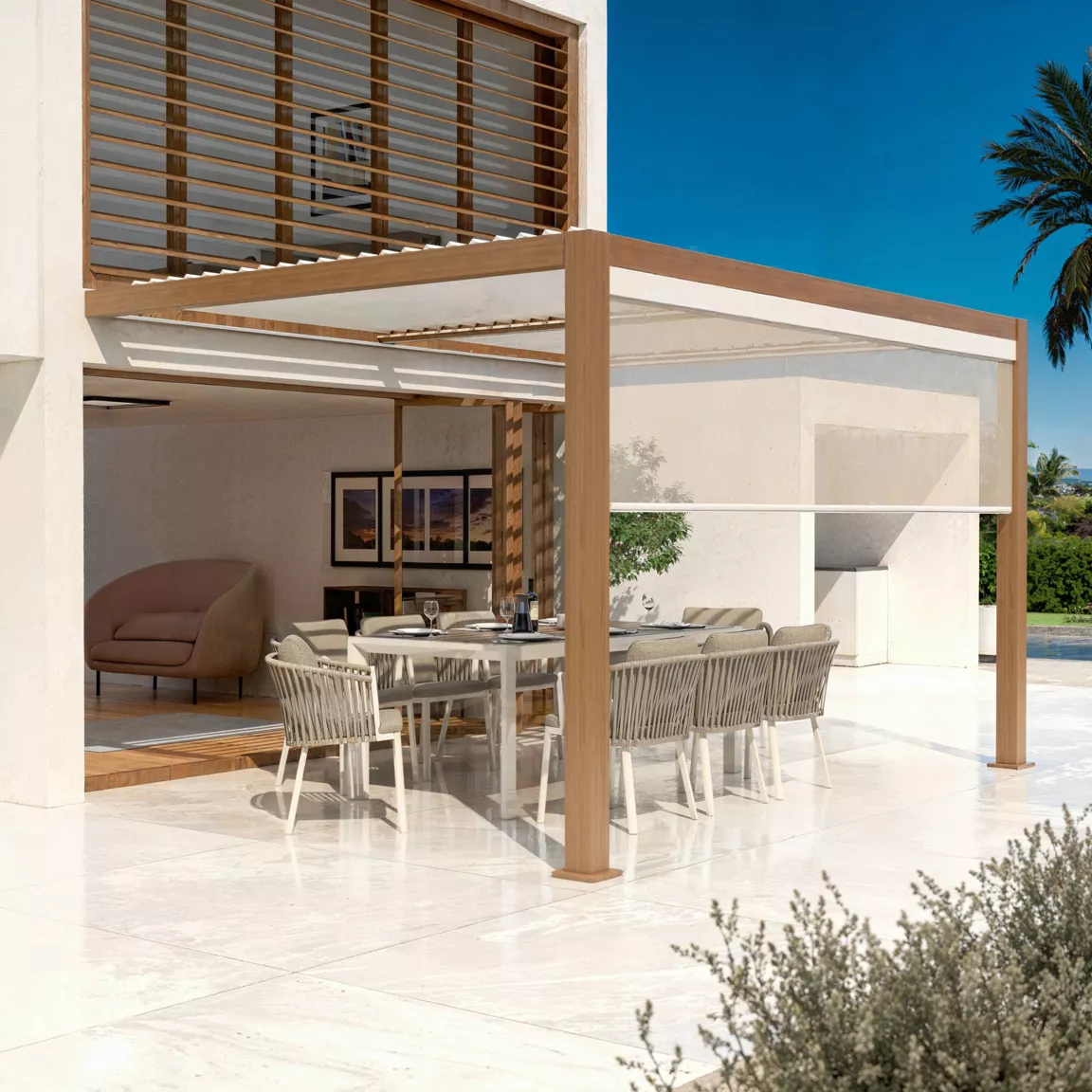 Pergola bioclimatique Adossée motorisée aluminium et LED (3 x 4 m) Bois