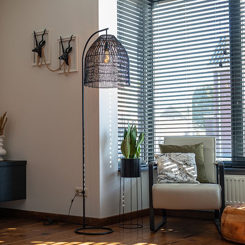 Landelijke vloerlamp zwart met rotan - Sam