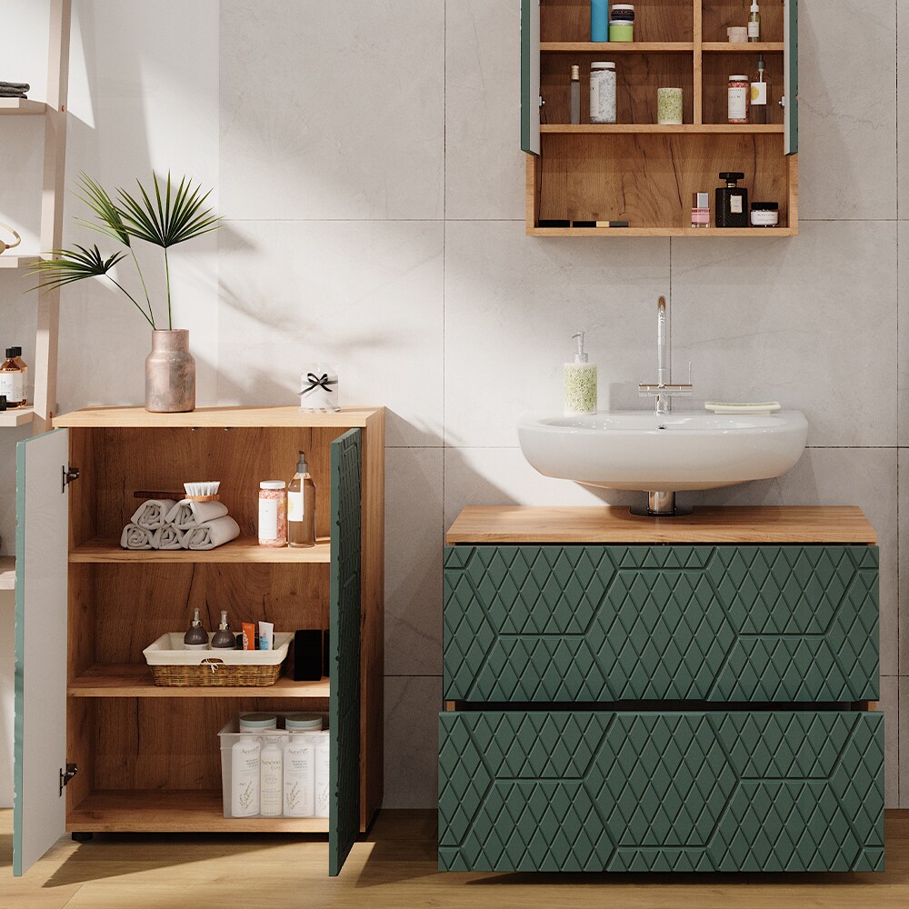 Vicco Badmöbel-Set Irma Eiche Grün 3-teilig Kommode Waschbeckenschrank 80 cm