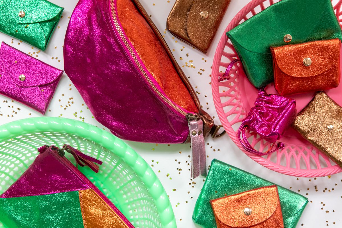 Sac banane cuir fuchsia, orange et bronze Maison Suzanne