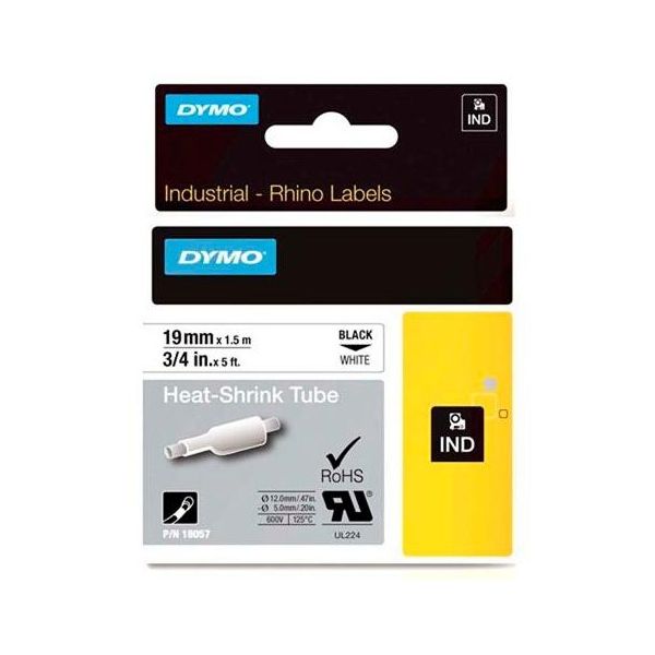 DYMO Tubo Termo Retrátil Preto Sobre Branco (1,5 mts/1,9cm) - 18057