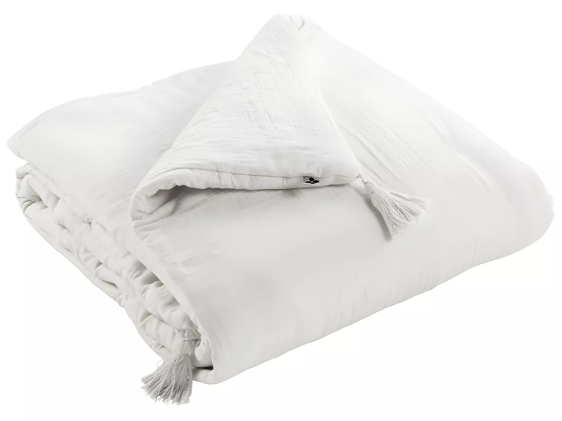 Édredon 150 x 150 cm en gaze de coton blanc avec 4 pompons - PEPA