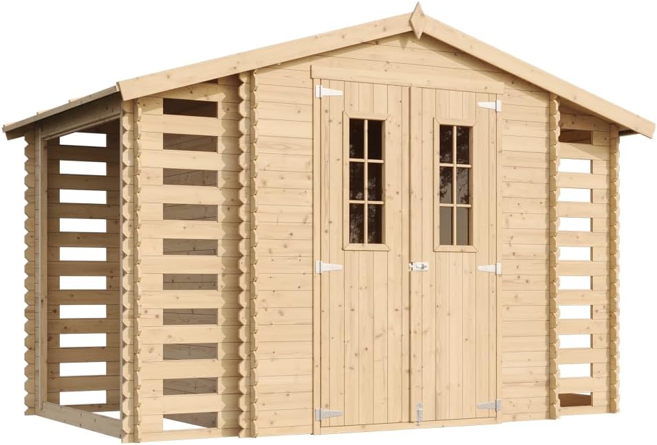 Holzhaus Gartenhaus mit Brennholzschuppen TIMBELA M391C - Gartenschuppen Holz B328xL206xH218 cm/ 3,53 + 0,97 + 0,97 m2 Lagerschuppen für Garten - Fahrrad Schuppen - Wasserfestes Dach