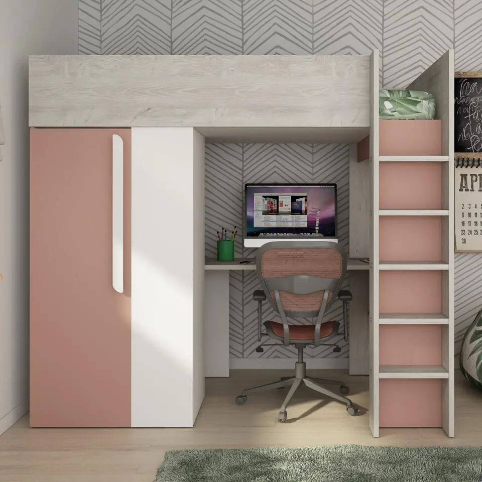 Hoogslaper Beau 90x200 met bureau & kast - oudroze