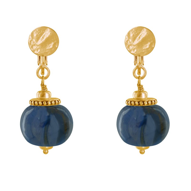 Boucles d'Oreilles Clip Métal Doré et Grosses Perles en Céramique