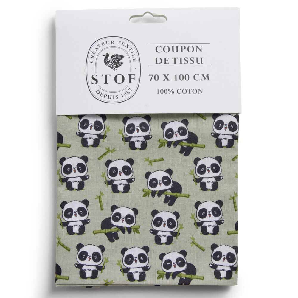 Coupon tissu imprimé panda 70x100cm coton vert, noir et blanc