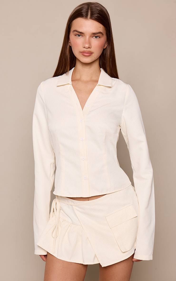 Butter Yellow Ensemble Coordonné Chemise Cargo À Manches Longues À Fines Rayures Texturées