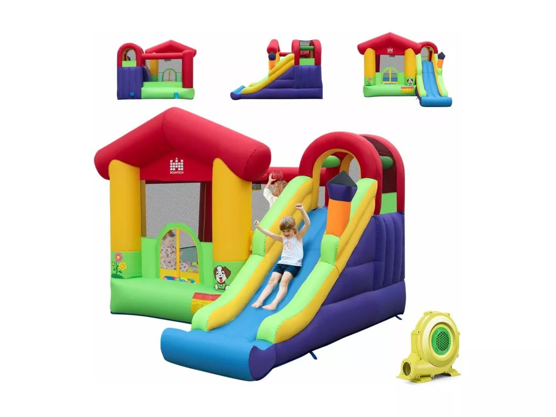 Château Gonflable avec Toboggan et Souffleur 680W, Aire de Jeux Gonflable Intérieur Extérieur avec Panier de Basket-Ball, 50 Balles Océaniques, Maison de Saut pour 3-10 Ans