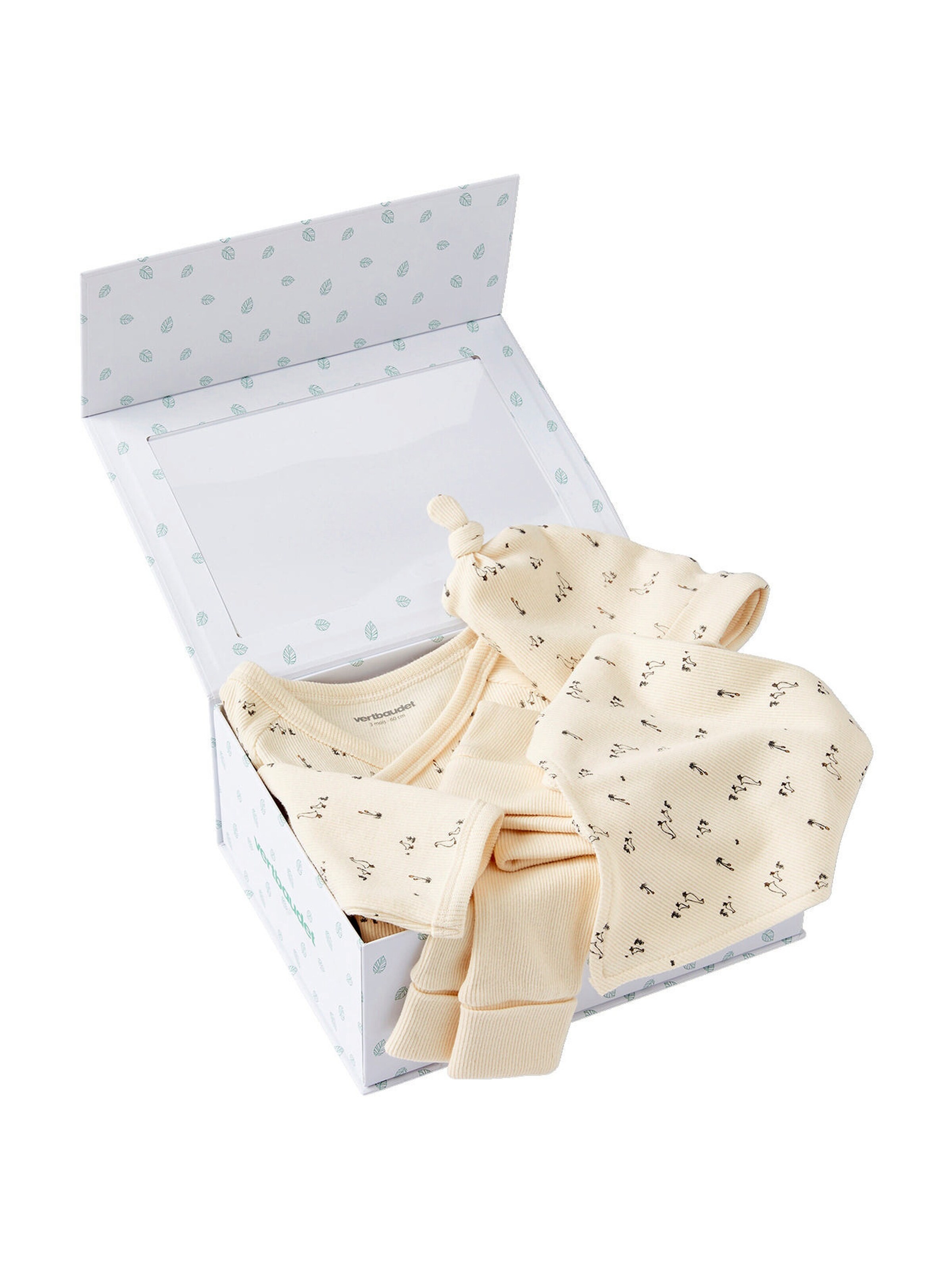 Vertbaudet Bio-Kollektion: Baby Geschenk-Set: Jacke, Hose, Mütze & Halstuch mit Gänsen vanille