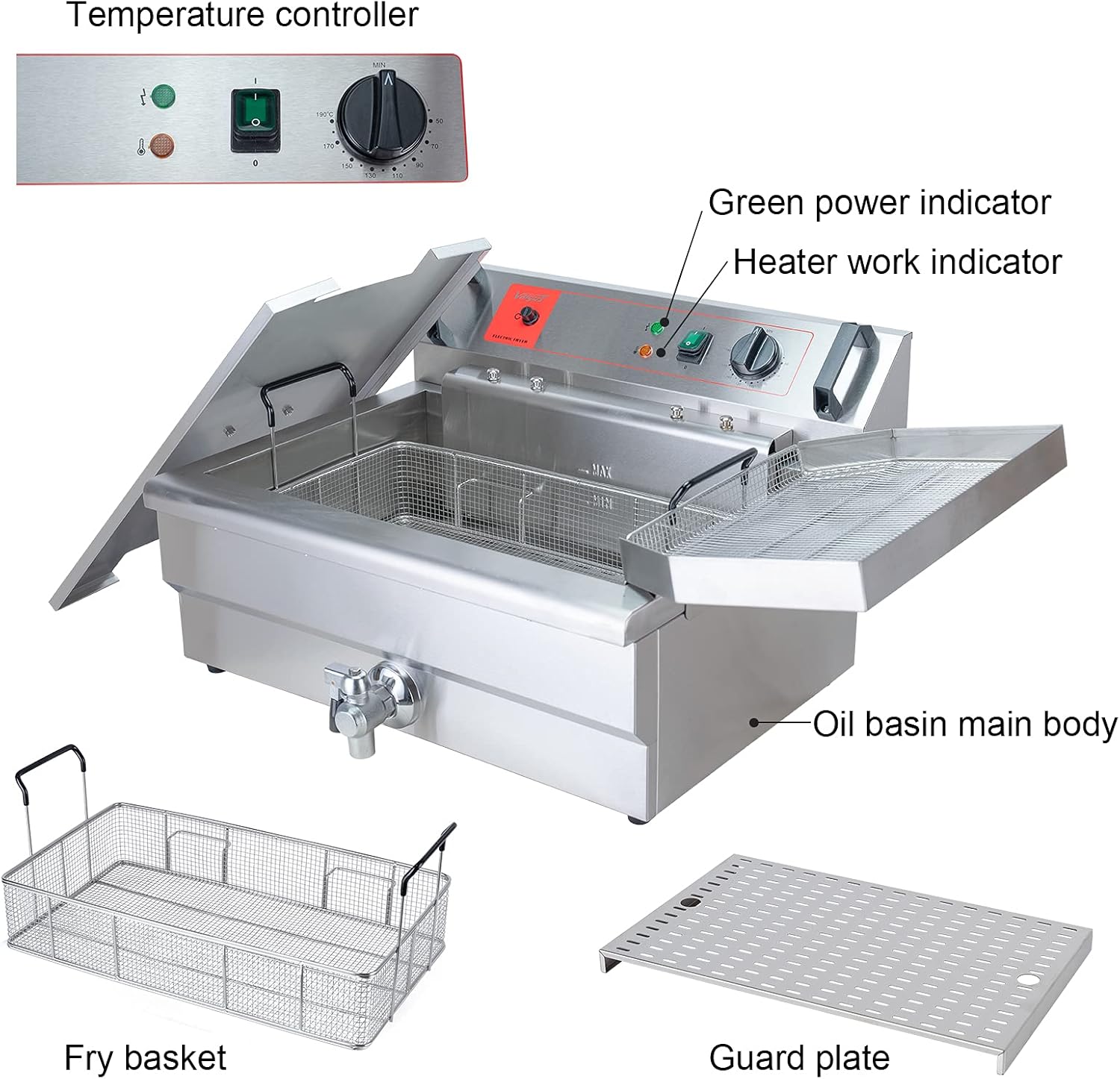 Valgus Kommerzielle elektrische Fritteuse aus Edelstahl 3000W 30L Großraum-Küchenbratmaschine mit Korb und Deckel, Abflusssystem für Restaurant und Zuhause