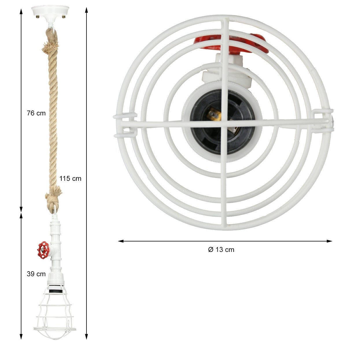 ECD Germany hanglamp, 1-lichts hanglamp met E27-fitting, 115 cm, Ø13 cm, wit/bruin, metaal/henneptouw, waterpijp, vintage/retro, industrieel design, hanglamp, hanglamp, verlichtingsarmatuur, lamp