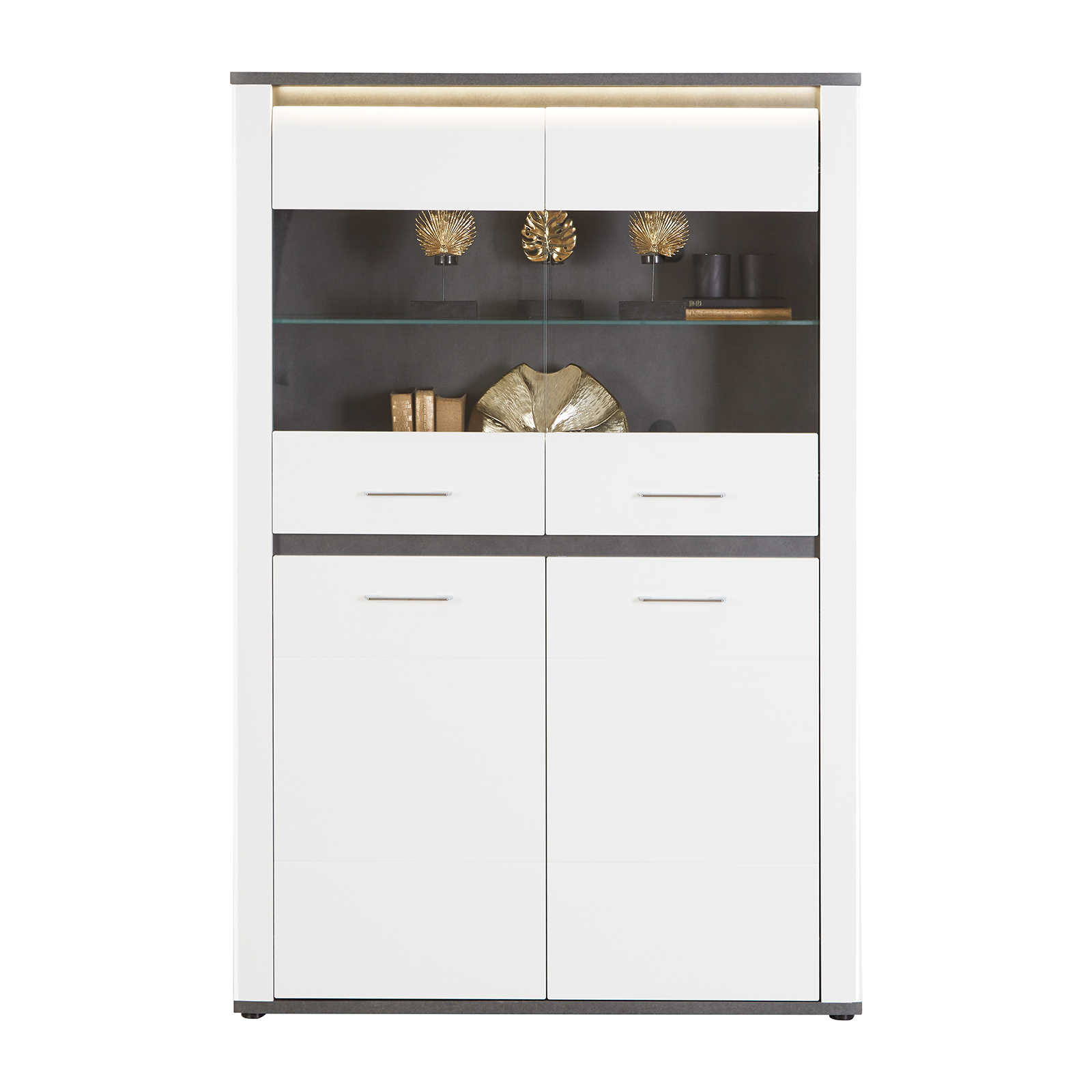 Luca Bessoni Highboardvitrine ALASSIO - weiß Hochglanz - Matera dunkel - 109 cm