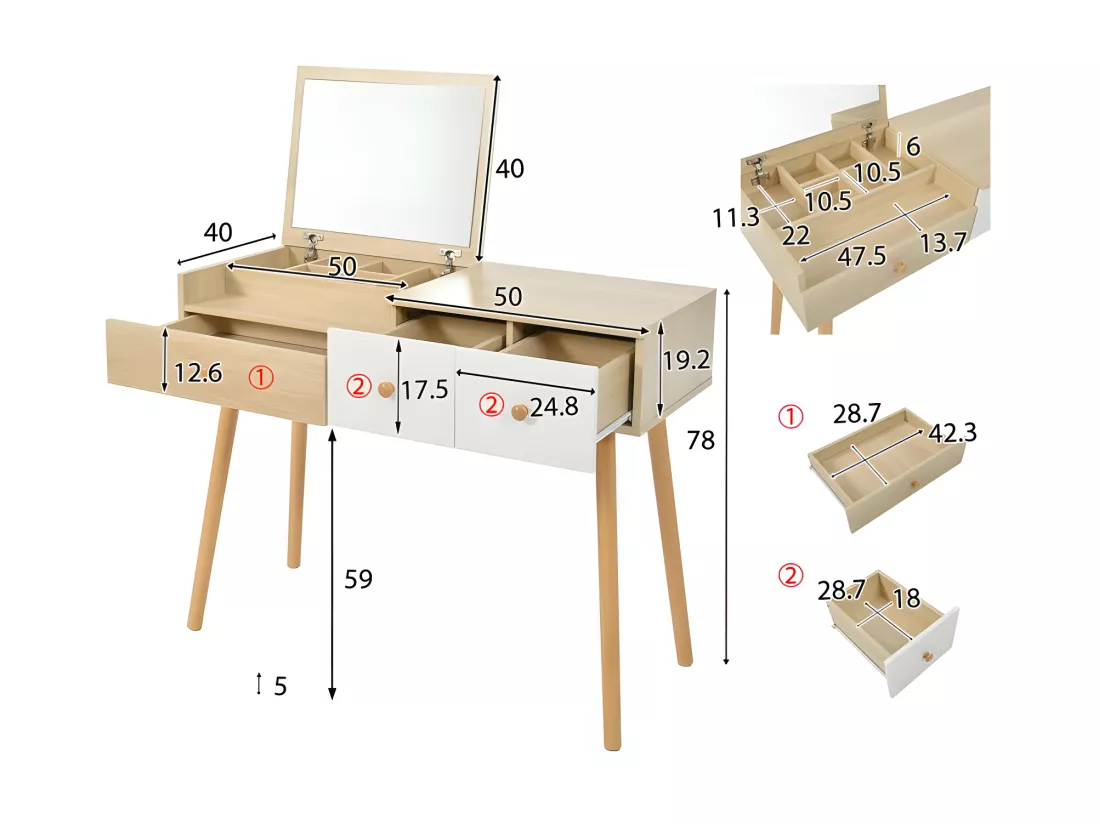 Coiffeuse avec miroir de rangement, 3 tiroirs, multiples compartiments de rangement, grande capacité de rangement - Naturel (tabouret non inclus)