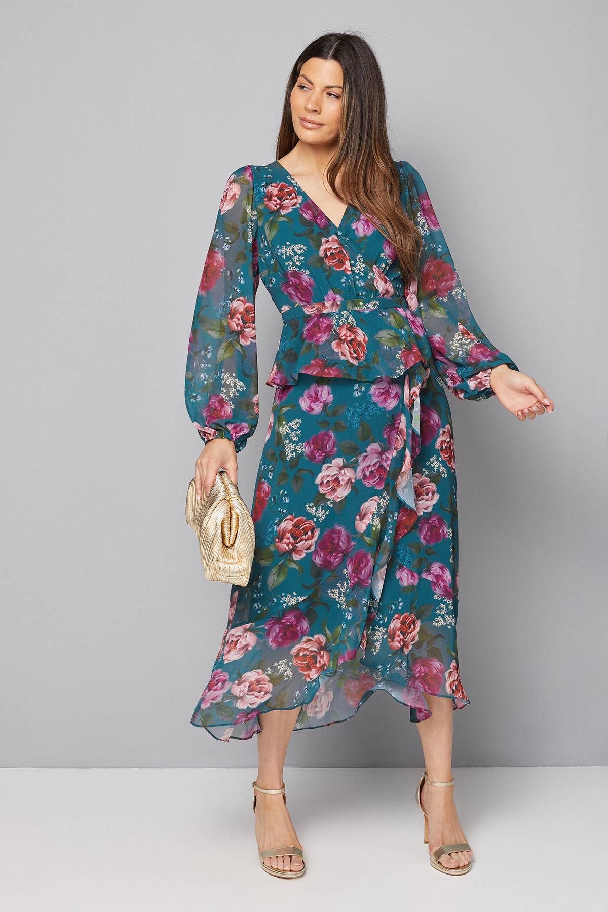 Wallis Robe Midi à Volants Péplum Fleurie