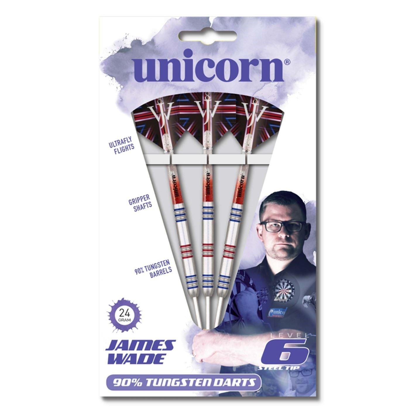 Unicorn Darts Steel Tip Darts Set | Level 6 James Wade | 90% Tungsten Barrels with Blue & Red Accents | 23g