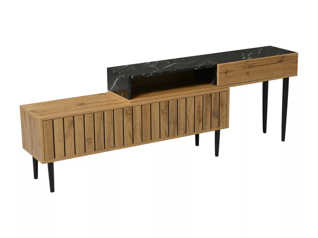 Meuble TV moderne avec design de marbre et de veines de bois -bord en PVC, pieds en fer, couleur bois foncé - 129x30x58cm