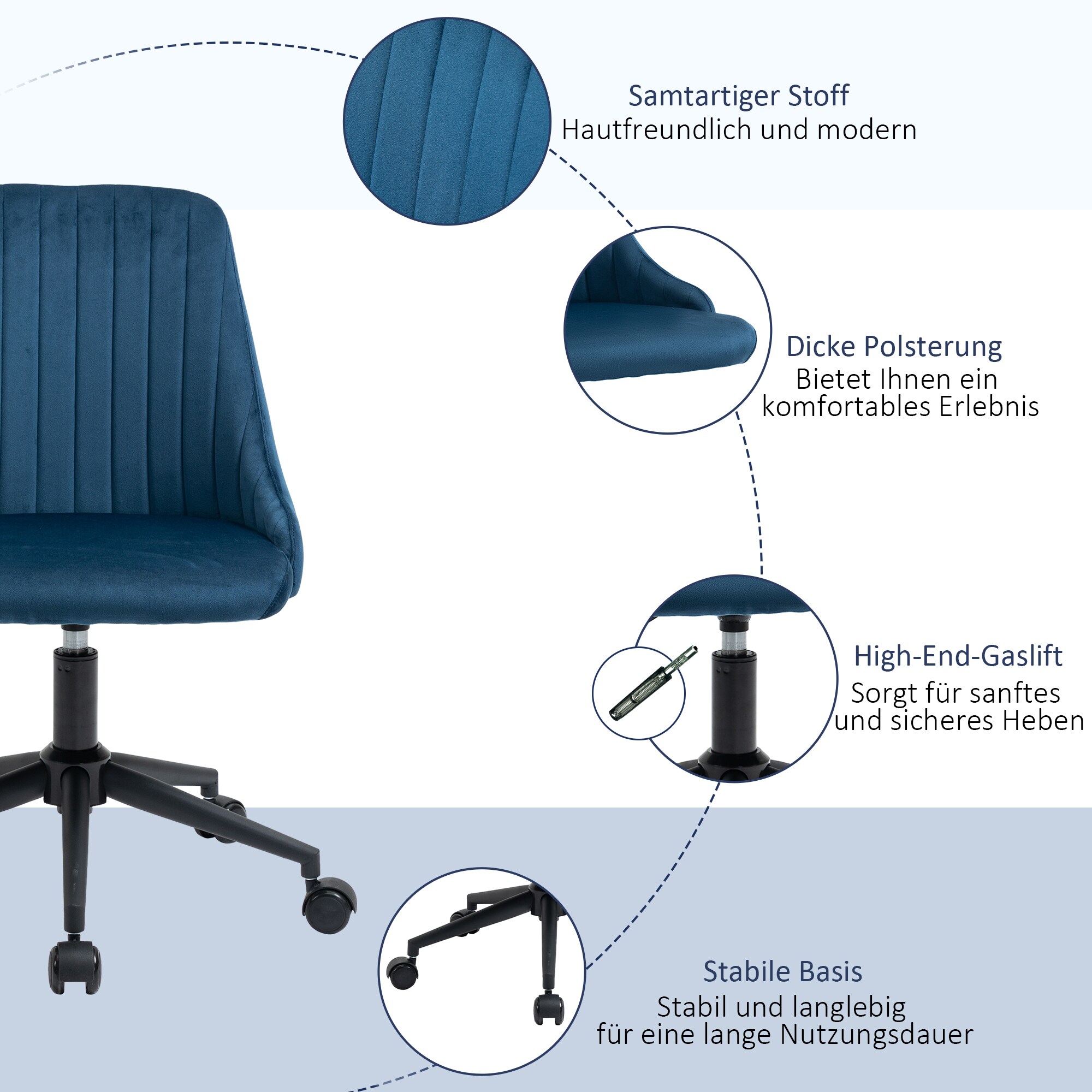 Vinsetto Bürostuhl ergonomisch geformt, high-end gaslift Blau 50 x 58 x 77-85 cm (BxTxH)