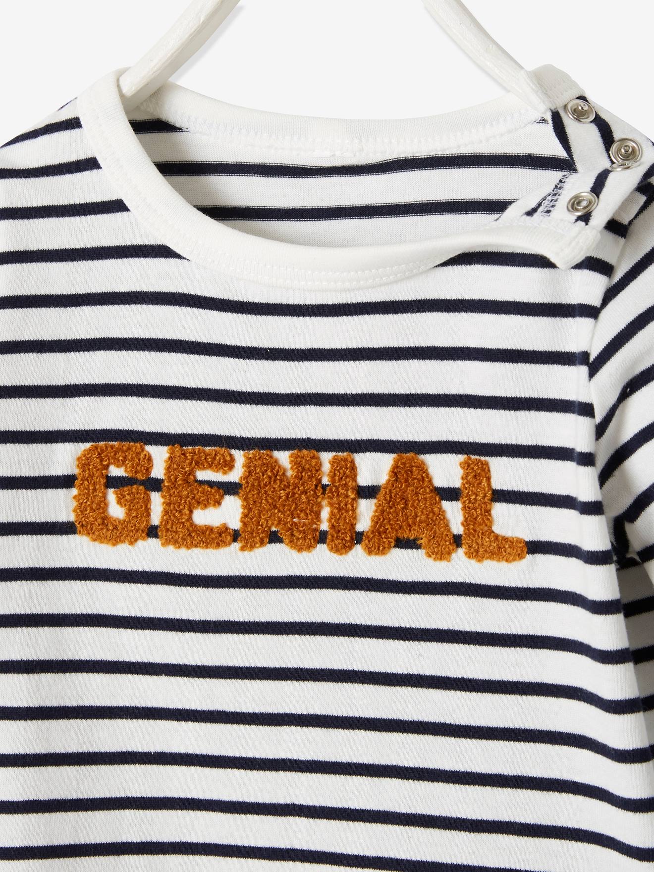 Camiseta listrada azul-escura com mensagem para bebê menino