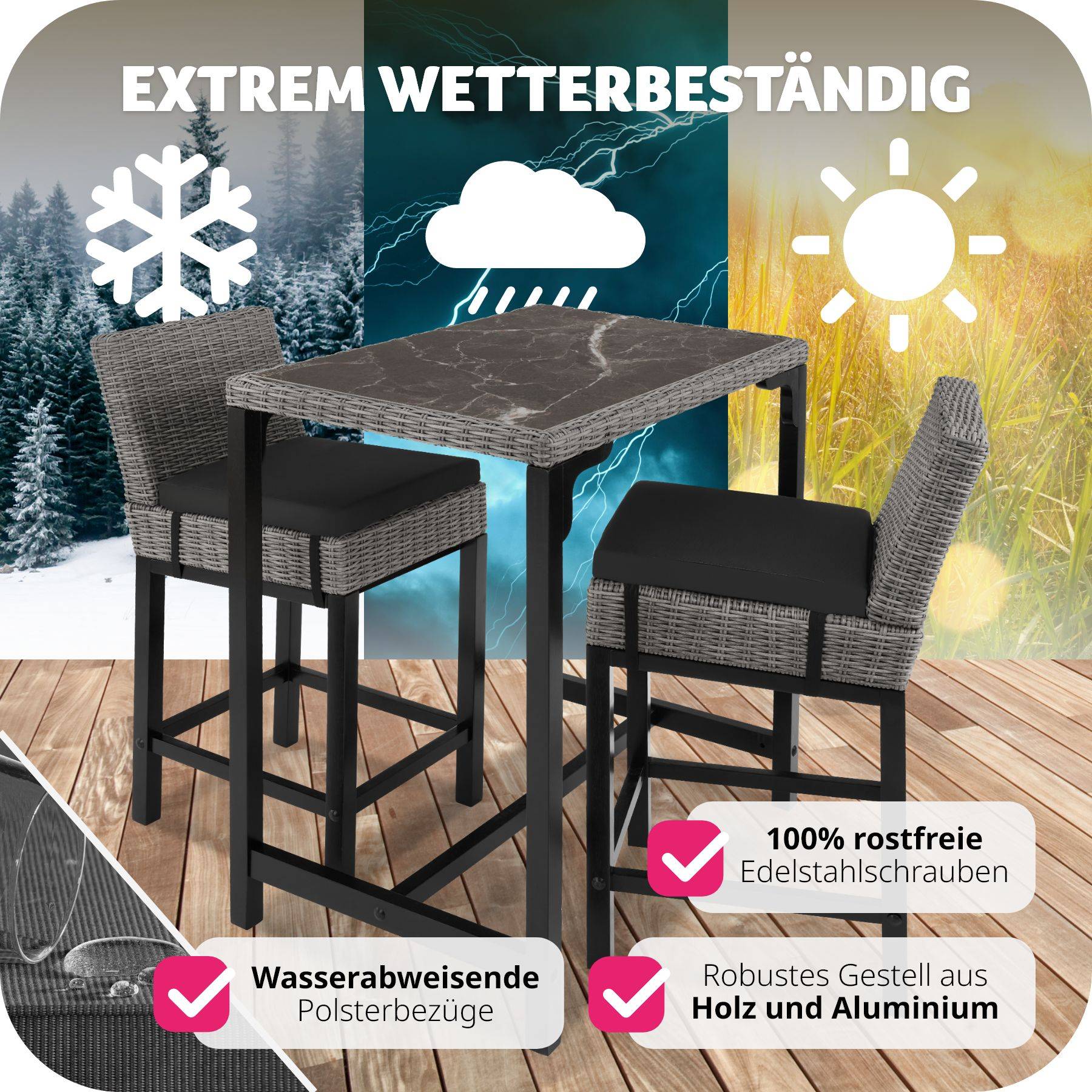 Rattan Tisch Kutina mit 2 Stühlen Latina