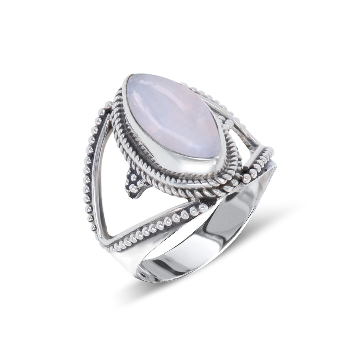 Bague Quartz Rose en Forme d'Amande sur Grains d'Argent Massif 925 - Élégance et Douceur | Bijoux Aden
