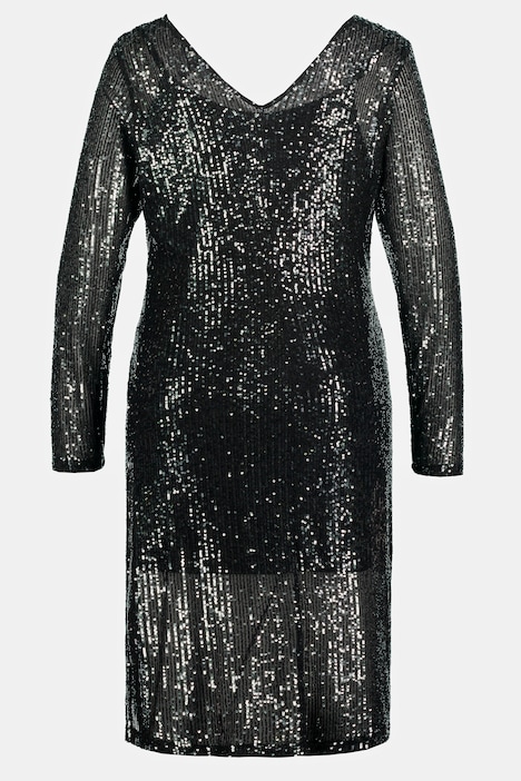 Pailletten-Kleid, drapierte Taille, V-Ausschnitt, Langarm