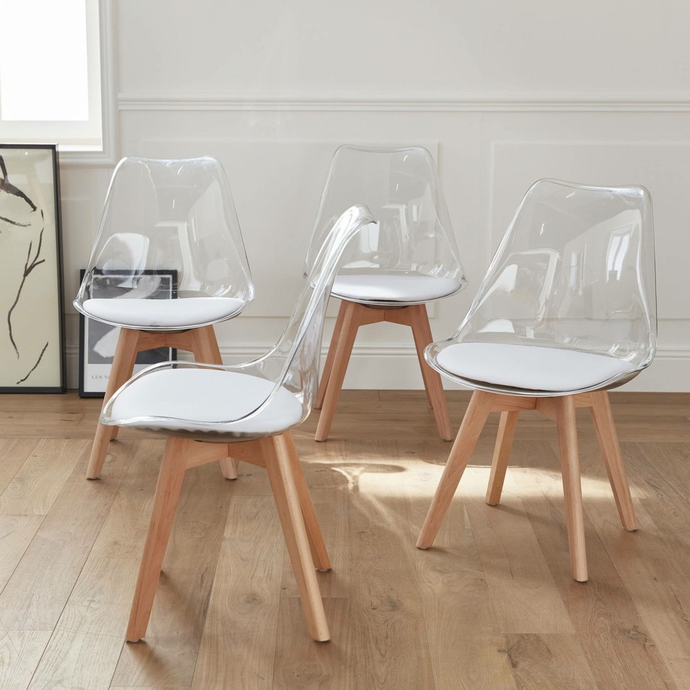 Lot de 4 chaises scandinaves - lagertha - pieds bois. Fauteuils 1 place. Coussin blanc. Coque transparente