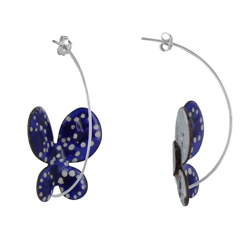Boucles d'Oreilles Papillons Émaillés Bleus Points Blanc et Bleu Foncé