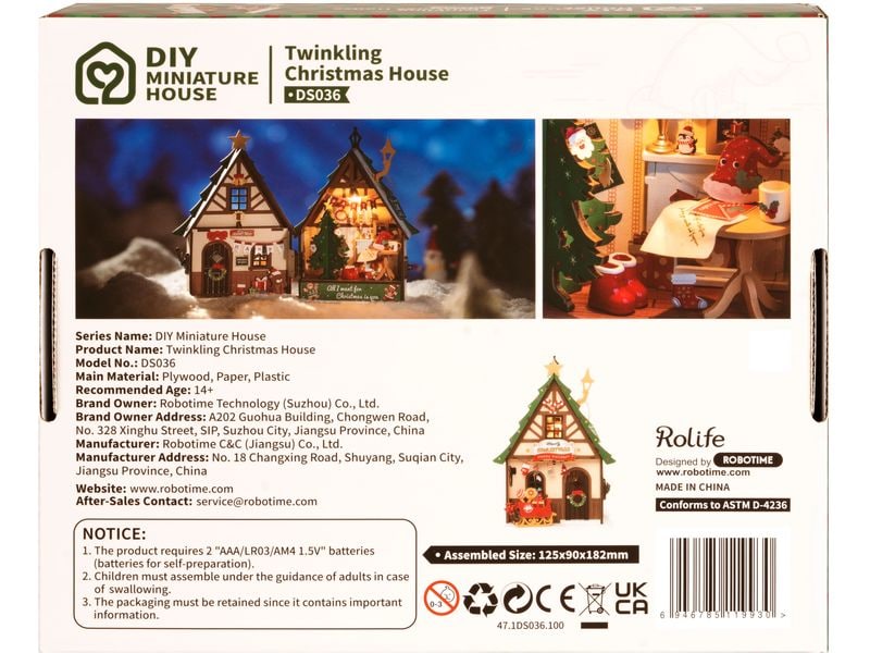 RoboTime Bausatz Funkelndes Weihnachtshaus 3D-Puzzle aus lasergeschnittenen Holzteilen