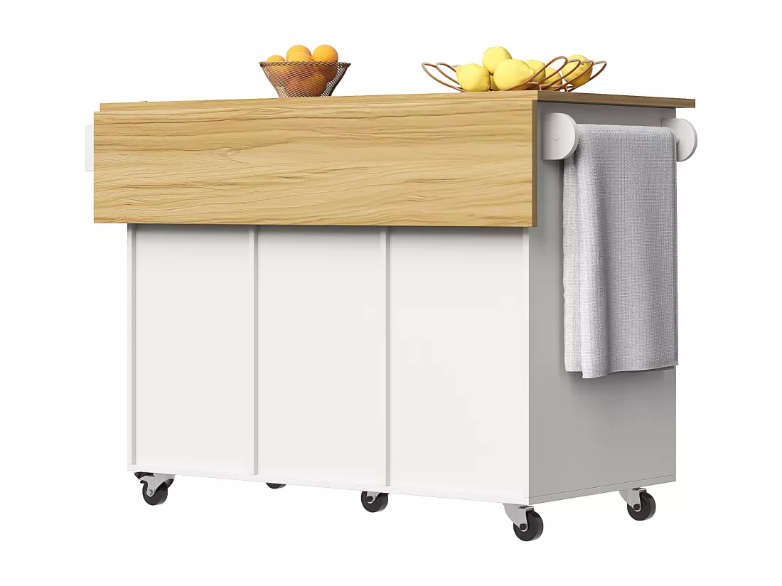 Ilot central de cuisine - chariot à roulette avec plateau extensible - 3 tiroirs et 2 portes - Blanc