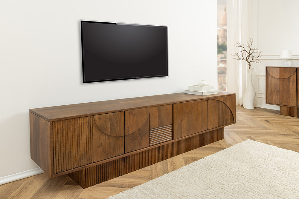 Massivholz TV-Lowboard ART DECO 200cm braun smoked Mangoholz 3D-Front