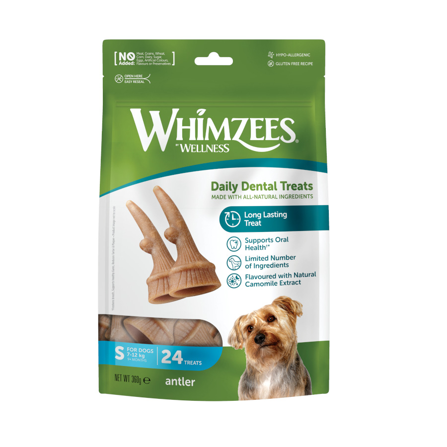 Petiscos dentais de chifre de veado Whimzees para cães de pequeno porte.