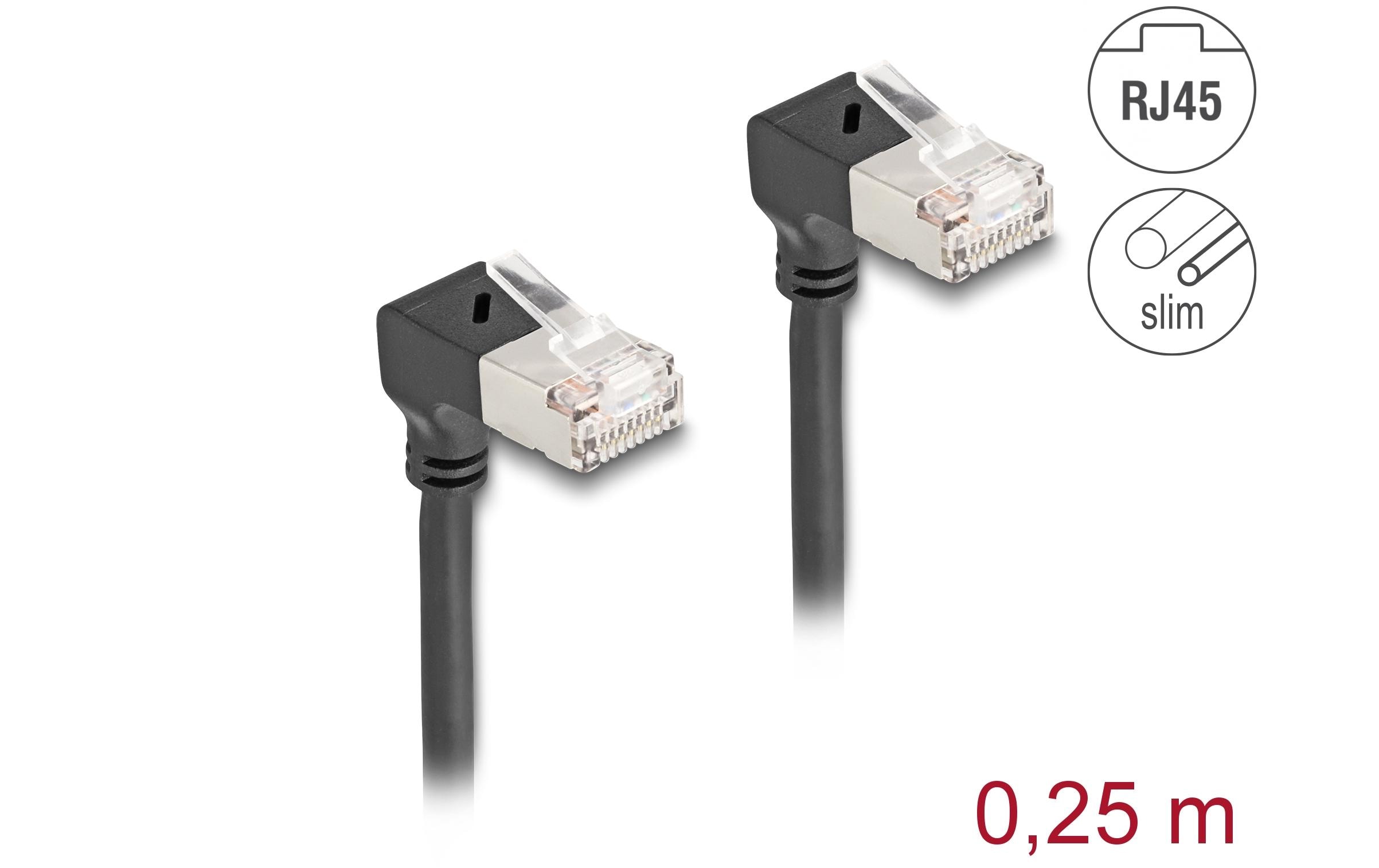 Patchkabel 90° gewinkelt Cat 6A, S/FTP, 0.25 m, SchwarzDelock RJ45 Netzwerkkabel Cat.6A S/FTP Slim 90° unten / unten gewinkelt 0.25 m schwarz