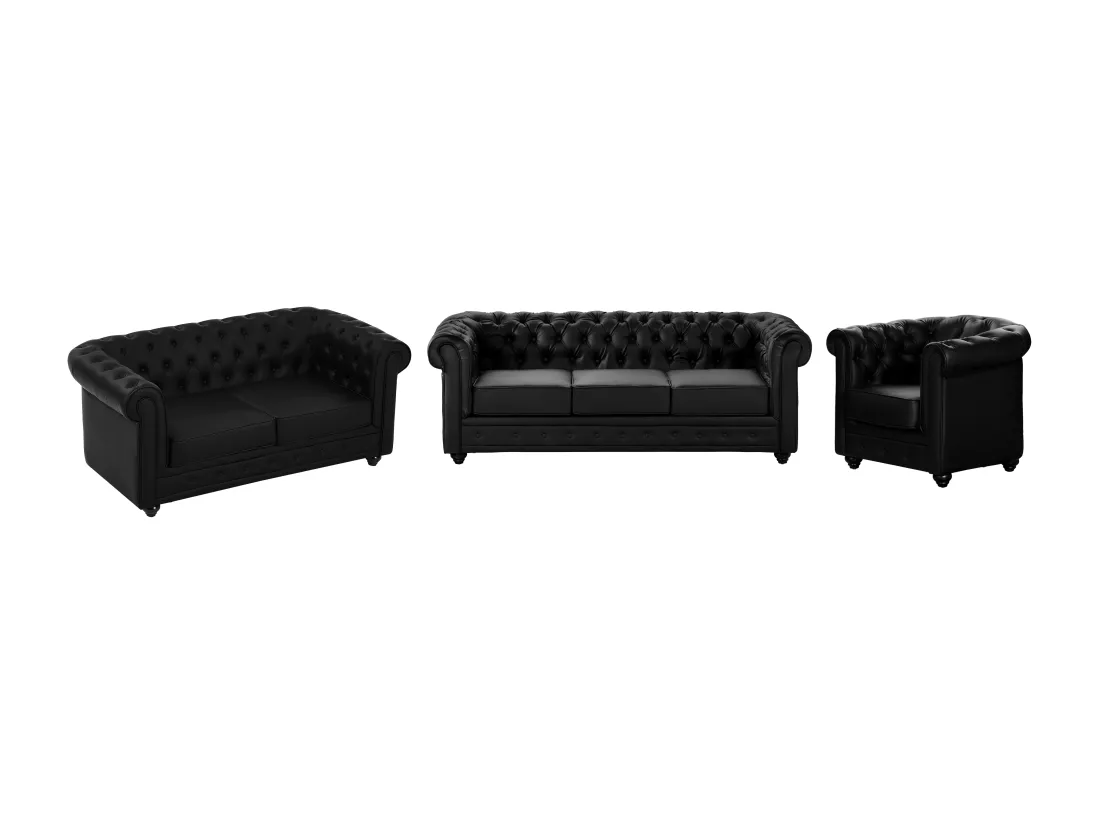 Canapés 3 places, 2 places et fauteuil en simili noir CHESTERFIELD