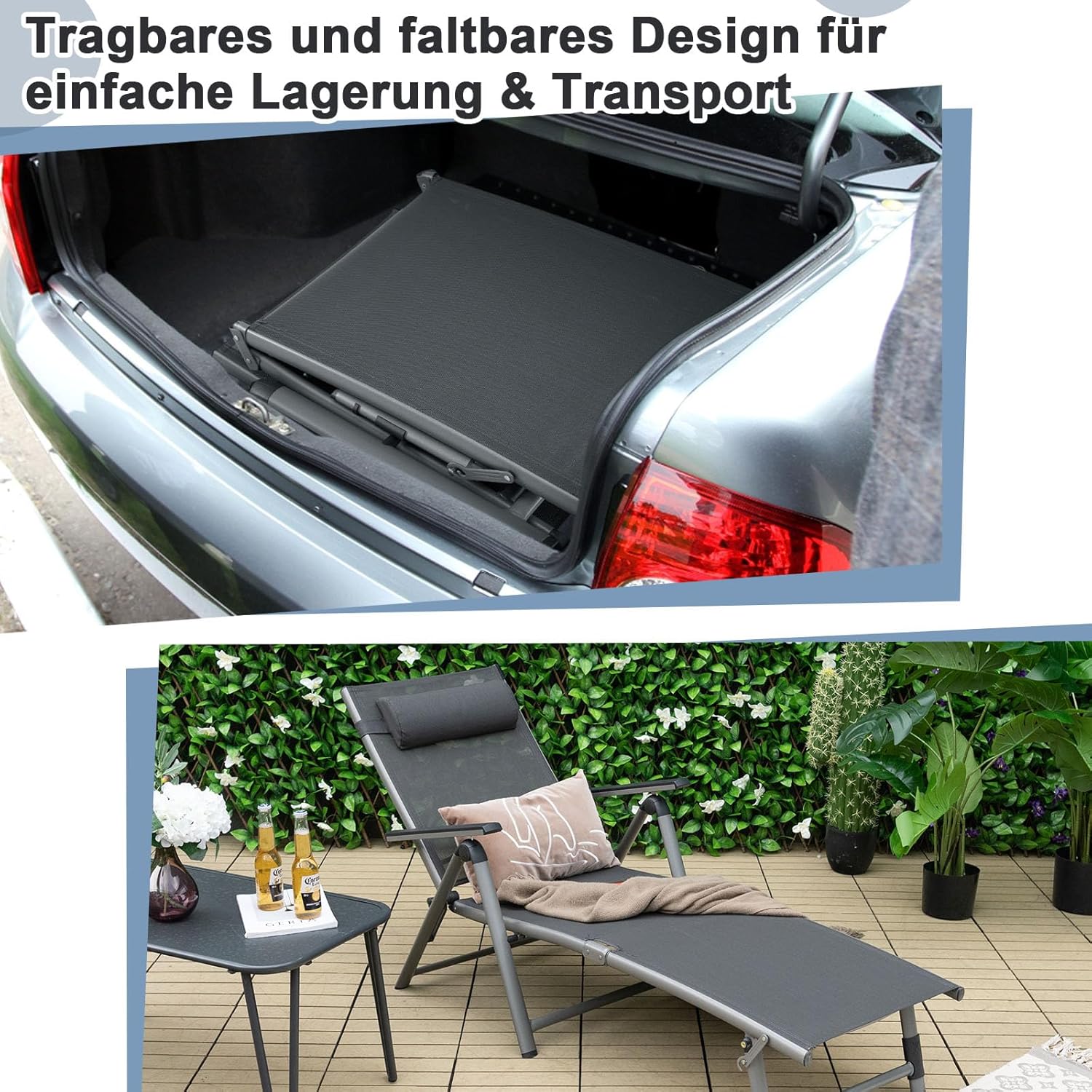 GOPLUS Sonnenliege klappbar, 180cm Gartenliege aus Aluminium bis 110kg Belastbar, Liegestuhl mit Verstellbarer Rückenlehne & Fußstütze, Relaxliege Garten mit Kissen für Outdoor Strand Balkon