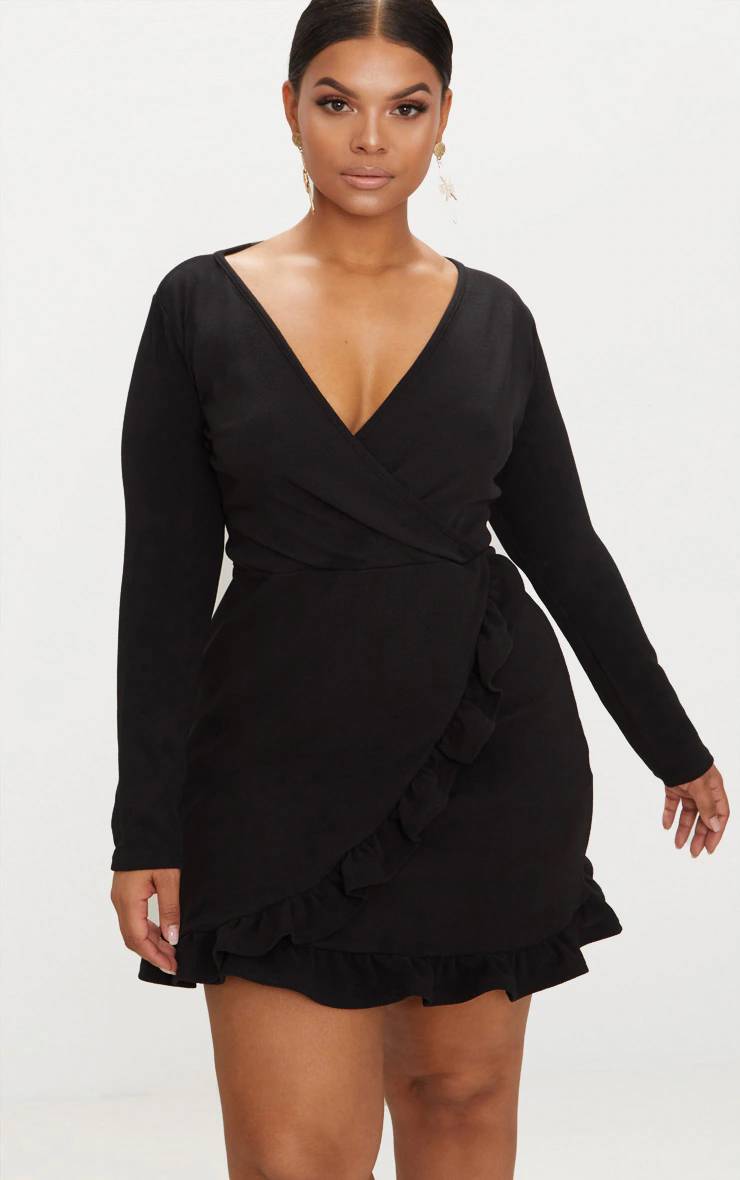 Noir Robe Portefeuille Grande Taille À Manches Longues Et Volants
