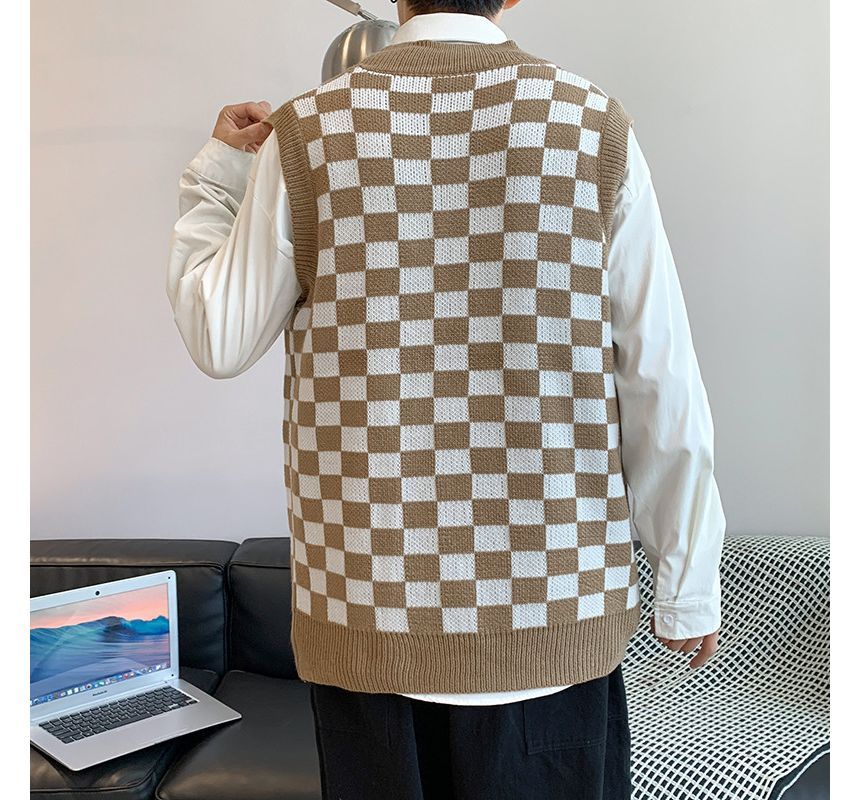 Hushgrain - V-hals geruite print trui met knoopjes